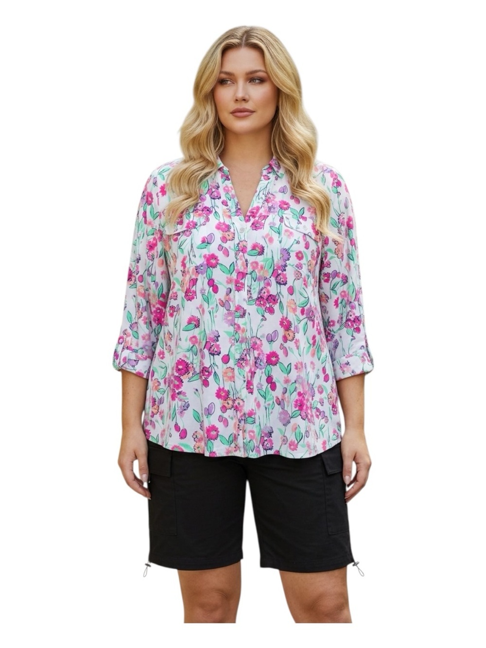 Plus Size XXL Kim Rogers Pink Floral Roll-Tab V-Neck Blouse